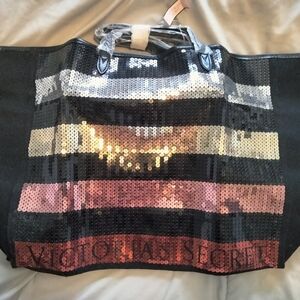NWT Victoria's Secret Sequin Stripe Tote Bag Overnight Travel Black Canvas